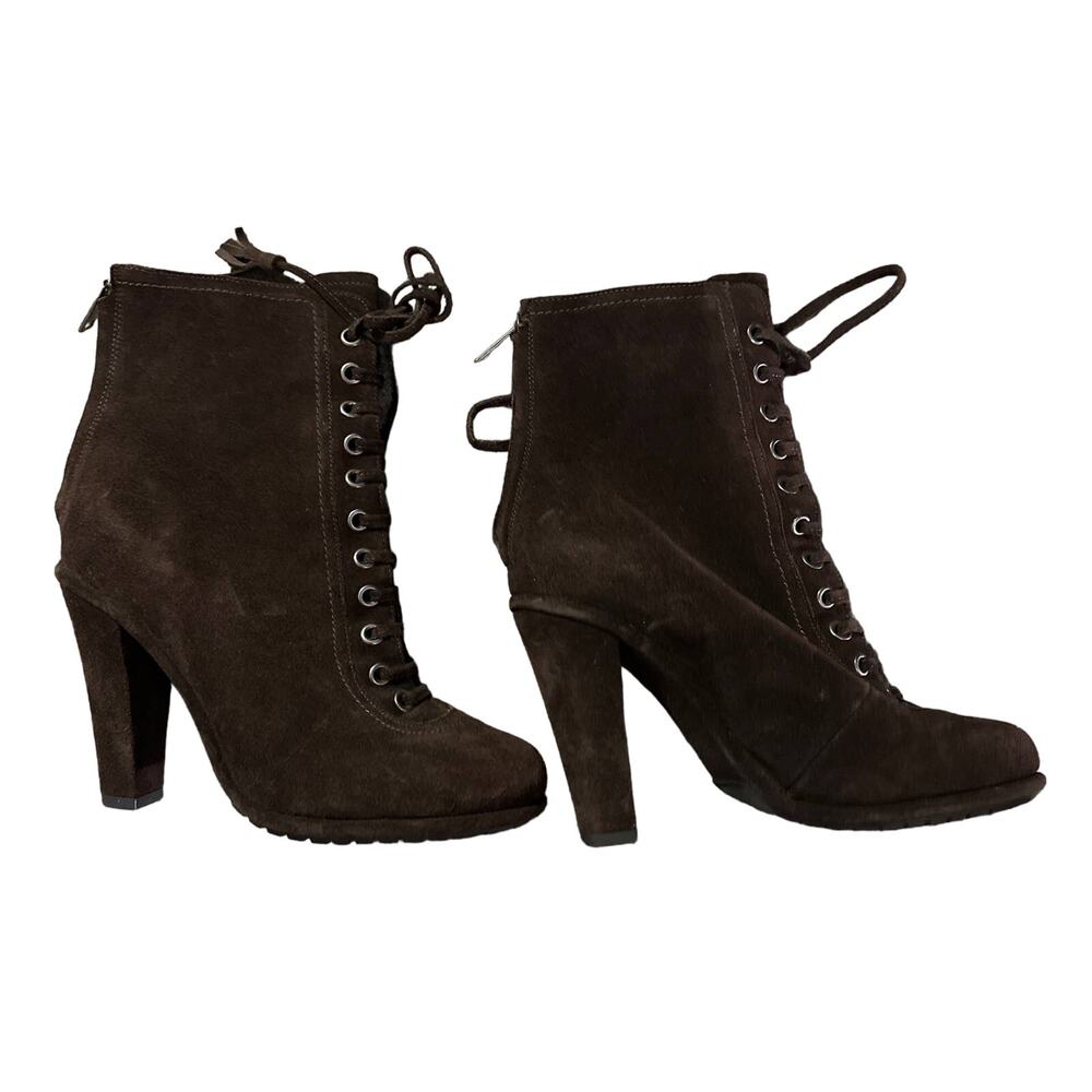 AllSaints Women's Size 38 US 8 Suede Lace Up High Heeled Tassel Boots Dark Brown